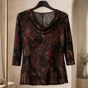 White Stag Black Red and Gold Patterned Cowl Neck Top